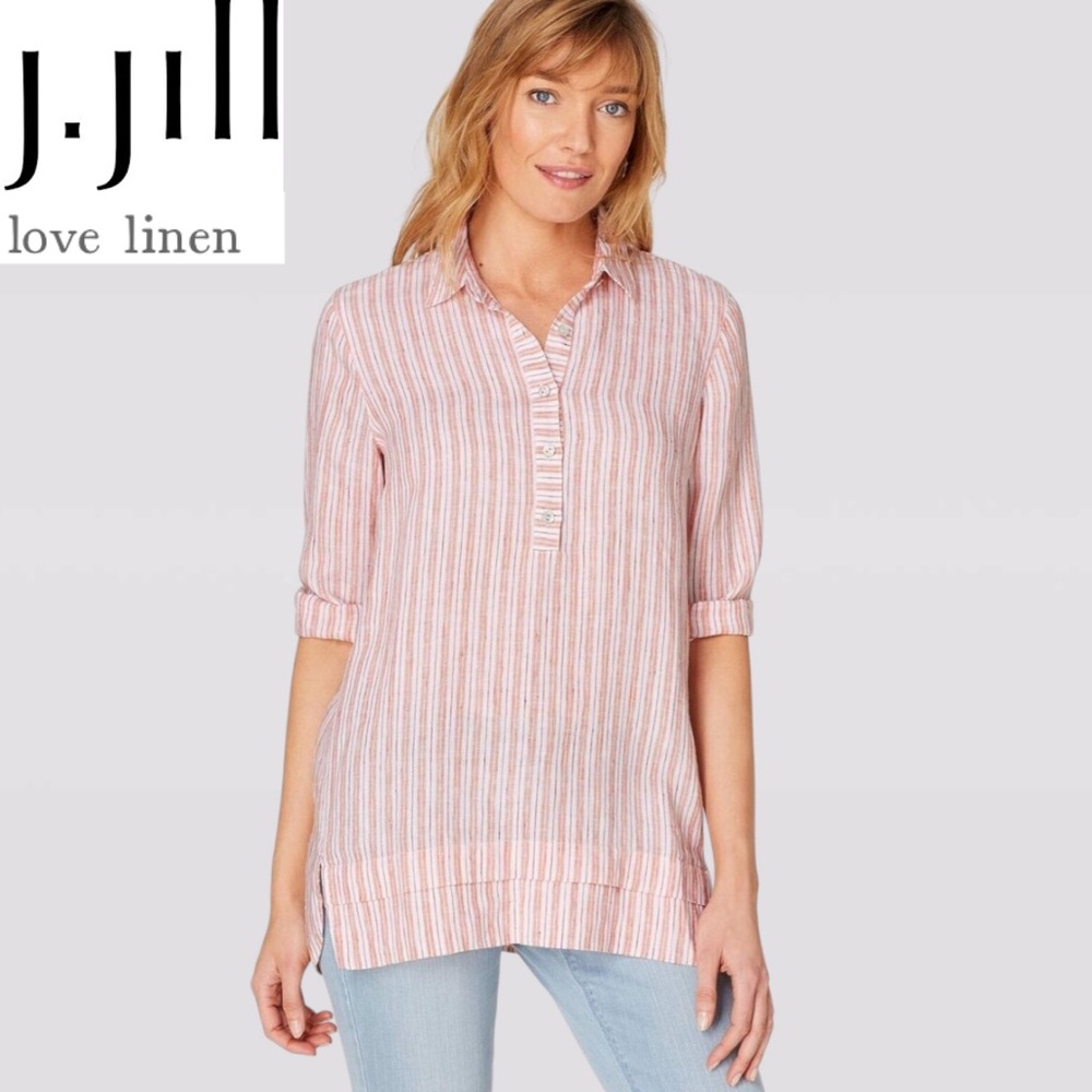 J. Jill Love Pure Linen Orange Striped Tunic Relax Top Collar 3/4 Sleeves Large